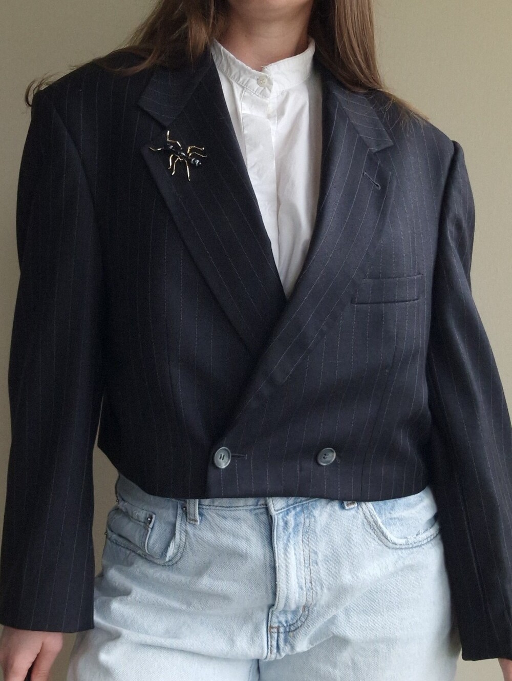 Cropped Pinstripe Blazer - Black - Unbranded